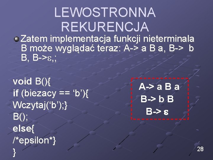 LEWOSTRONNA REKURENCJA Zatem implementacja funkcji nieterminala B może wyglądać teraz: A-> a B a,