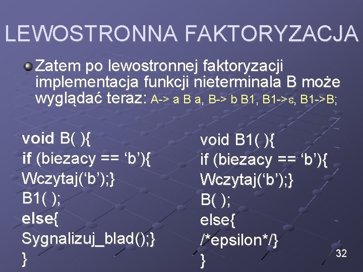 LEWOSTRONNA FAKTORYZACJA Zatem po lewostronnej faktoryzacji implementacja funkcji nieterminala B może wyglądać teraz: A->