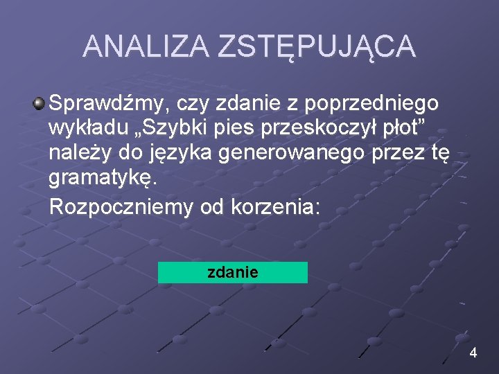 ANALIZA ZSTĘPUJĄCA Sprawdźmy, czy zdanie z poprzedniego wykładu „Szybki pies przeskoczył płot” należy do