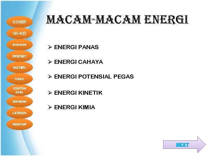 COVER MACAM-MACAM ENERGI SK-KD INDIKATOR Ø ENERGI PANAS PRETEST Ø ENERGI CAHAYA MATERI VIDEO