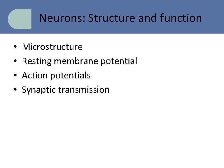 Neurons: Structure and function • • Microstructure Resting membrane potential Action potentials Synaptic transmission