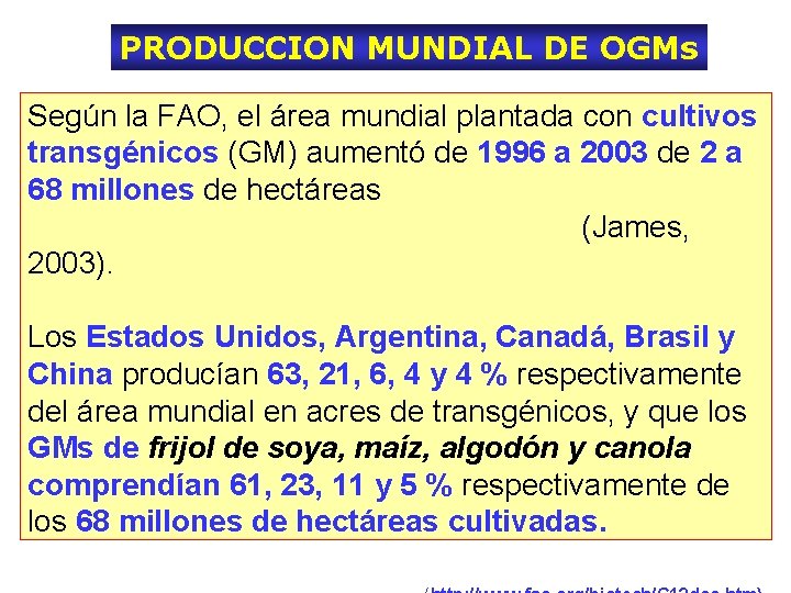 PRODUCCION MUNDIAL DE OGMs Según la FAO, el área mundial plantada con cultivos transgénicos