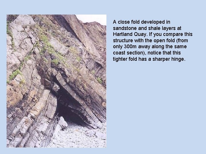 A close fold developed in sandstone and shale layers at Hartland Quay. If you