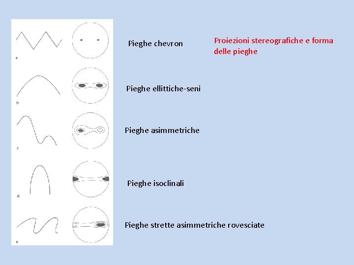 Pieghe chevron Proiezioni stereografiche e forma delle pieghe Pieghe ellittiche-seni Pieghe asimmetriche Pieghe isoclinali