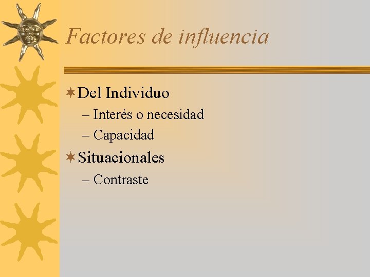 Factores de influencia ¬Del Individuo – Interés o necesidad – Capacidad ¬Situacionales – Contraste