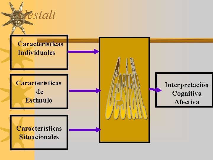 Gestalt Características Individuales Características de Estimulo Características Situacionales Interpretación Cognitiva Afectiva 