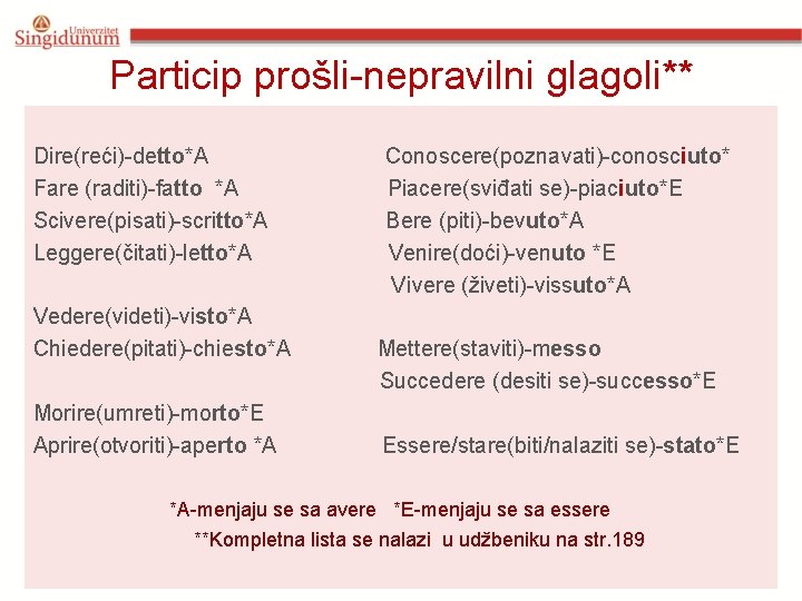 Particip prošli-nepravilni glagoli** Dire(reći)-detto*A Conoscere(poznavati)-conosciuto* Fare (raditi)-fatto *A Piacere(sviđati se)-piaciuto*E Scivere(pisati)-scritto*A Bere (piti)-bevuto*A Leggere(čitati)-letto*A