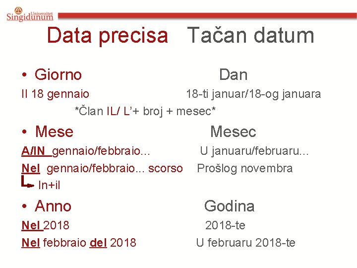 Data precisa Tačan datum • Giorno Dan Il 18 gennaio 18 -ti januar/18 -og