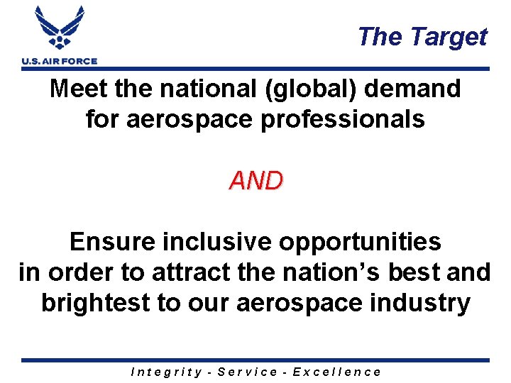 The Target Meet the national (global) demand for aerospace professionals AND Ensure inclusive opportunities