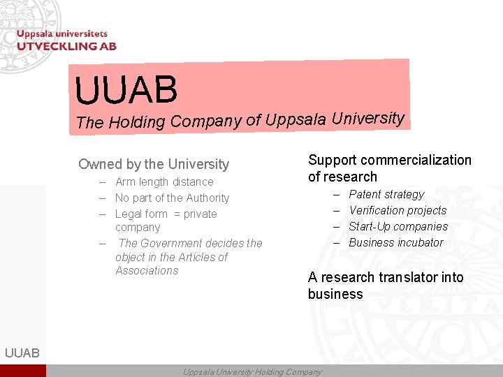 UUAB The Holding Company of Uppsala University Owned by the University – Arm length