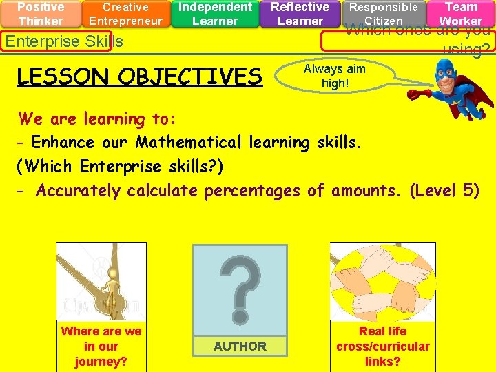 Positive Thinker Creative Entrepreneur Independent Learner Enterprise Skills LESSON OBJECTIVES Reflective Learner Responsible Citizen