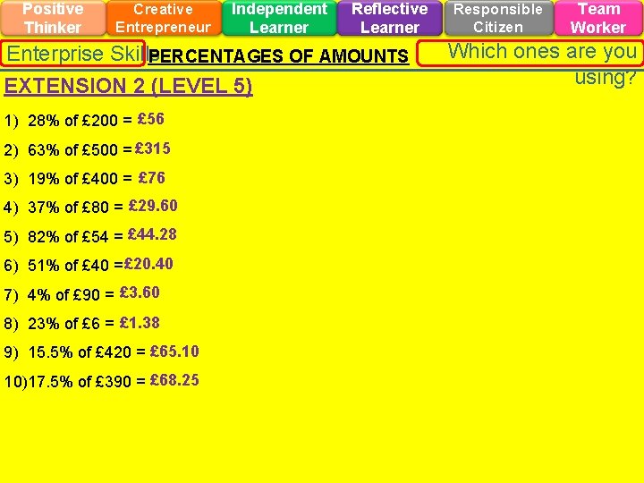 Positive Thinker Creative Entrepreneur Independent Learner Reflective Learner Enterprise Skills PERCENTAGES OF AMOUNTS EXTENSION