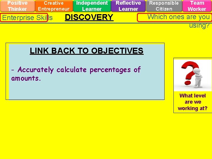 Positive Thinker Creative Entrepreneur Enterprise Skills Independent Learner Reflective Learner DISCOVERY Responsible Citizen Team
