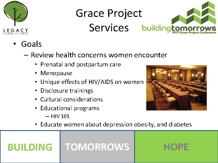 Grace Project Services • Goals – Review health concerns women encounter • • •