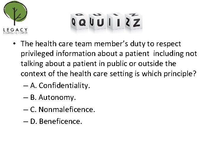  • The health care team member’s duty to respect privileged information about a