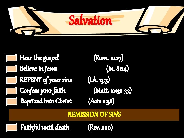 Salvation Hear the gospel Believe In Jesus REPENT of your sins Confess your faith
