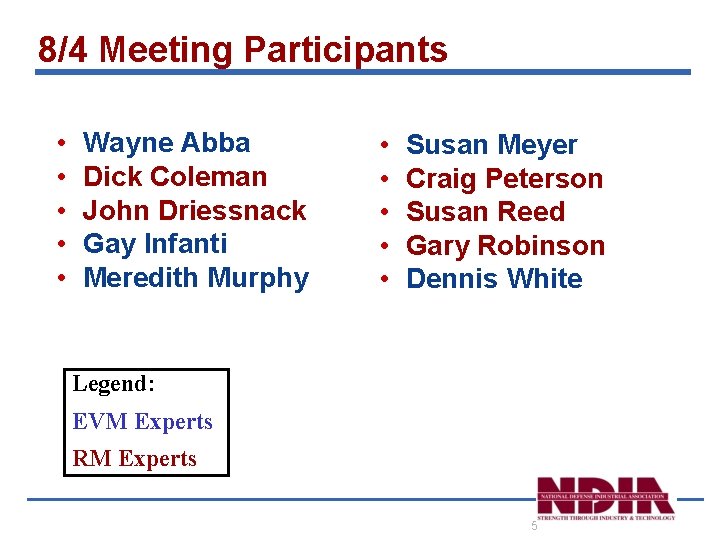 8/4 Meeting Participants • • • Wayne Abba Dick Coleman John Driessnack Gay Infanti