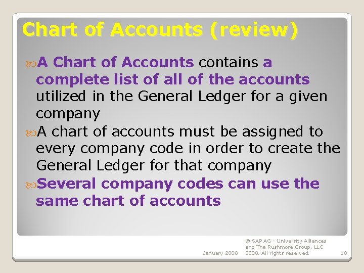 Chart of Accounts (review) A Chart of Accounts contains a complete list of all Chart of Accounts (review) A Chart of Accounts contains a complete list of all