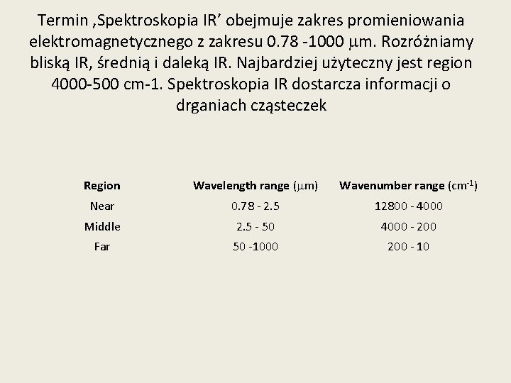 Termin ‚Spektroskopia IR’ obejmuje zakres promieniowania elektromagnetycznego z zakresu 0. 78 -1000 mm. Rozróżniamy