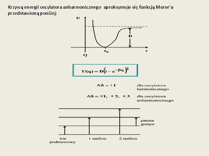 Krzywą energii oscylatora anharmonicznego aproksymuje się funkcją Morse’a przedstawioną poniżej: Krzywą energii oscylatora anharmonicznego aproksymuje się funkcją Morse’a przedstawioną poniżej: