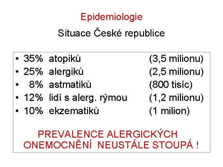 Epidemiologie Situace České republice • • • 35% atopiků 25% alergiků 8% astmatiků 12% Epidemiologie Situace České republice • • • 35% atopiků 25% alergiků 8% astmatiků 12%