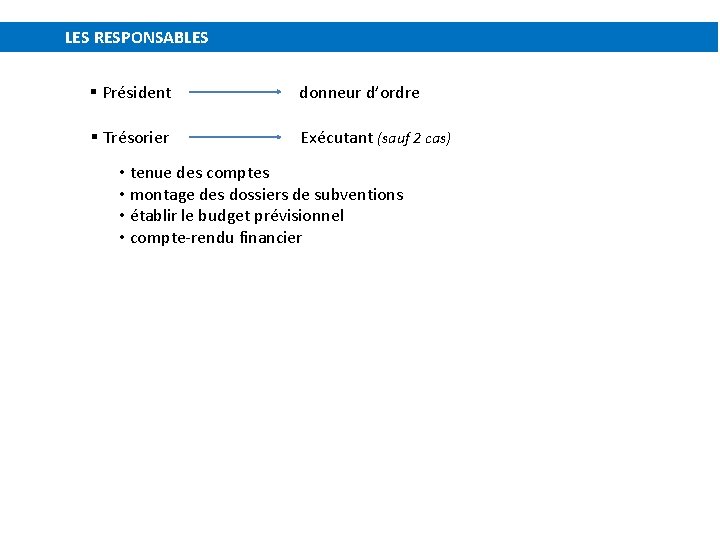 LES RESPONSABLES § Président donneur d’ordre § Trésorier Exécutant (sauf 2 cas) • tenue