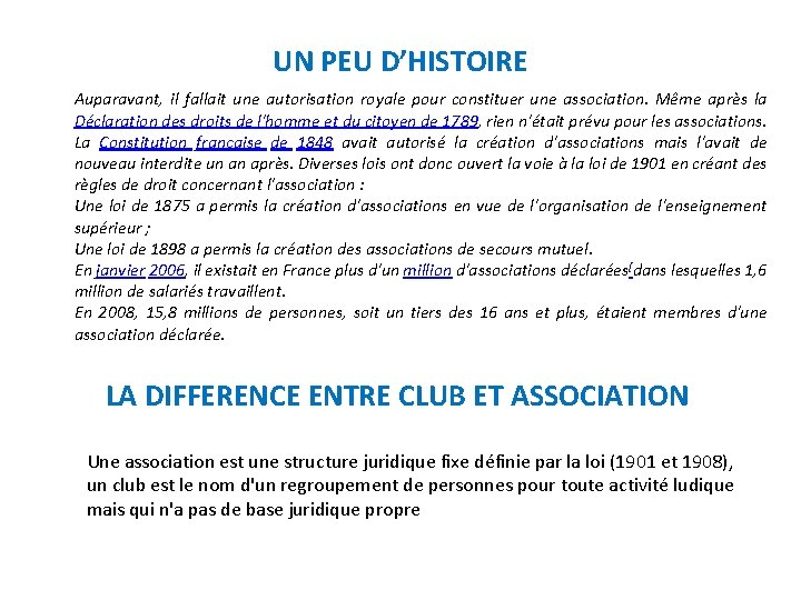 UN PEU D’HISTOIRE Auparavant, il fallait une autorisation royale pour constituer une association. Même