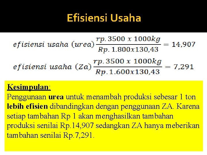 Efisiensi Usaha Kesimpulan: Penggunaan urea untuk menambah produksi sebesar 1 ton lebih efisien dibandingkan