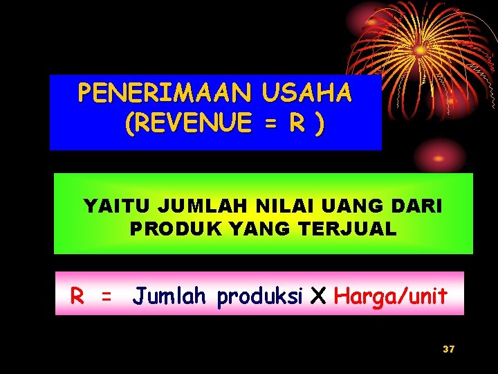 PENERIMAAN USAHA (REVENUE = R ) YAITU JUMLAH NILAI UANG DARI PRODUK YANG TERJUAL