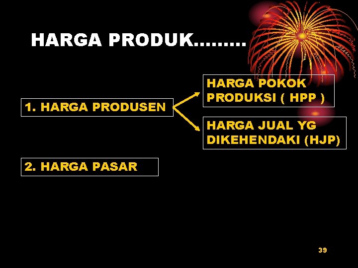 HARGA PRODUK……… 1. HARGA PRODUSEN HARGA POKOK PRODUKSI ( HPP ) HARGA JUAL YG
