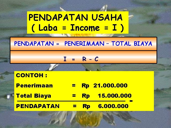 PENDAPATAN USAHA ( Laba = Income = I ) PENDAPATAN = PENERIMAAN – TOTAL