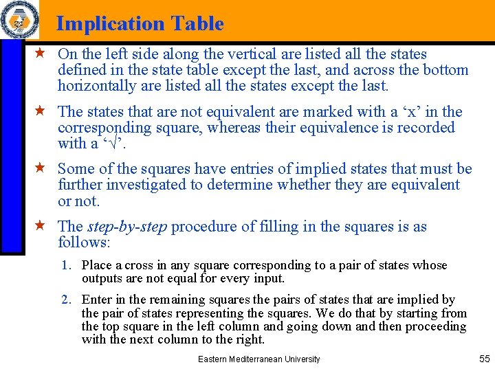 Implication Table « On the left side along the vertical are listed all the