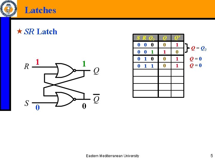 Latches « SR Latch 1 1 0 0 S 0 0 Eastern Mediterranean University