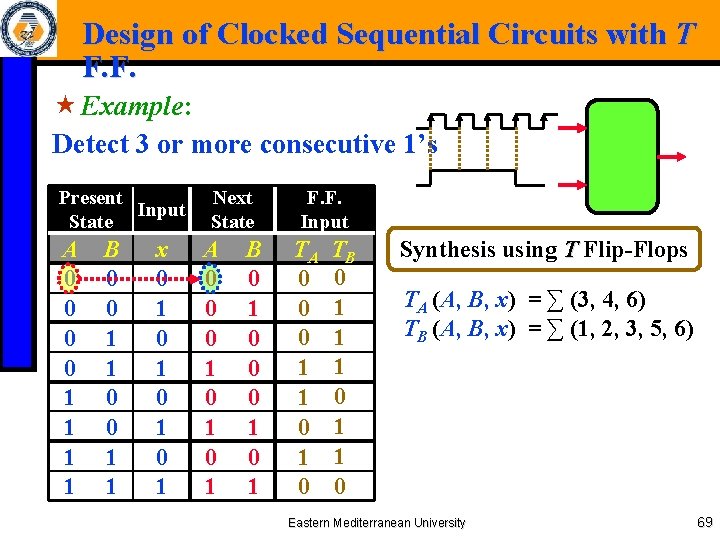 Design of Clocked Sequential Circuits with T F. F. « Example: Detect 3 or