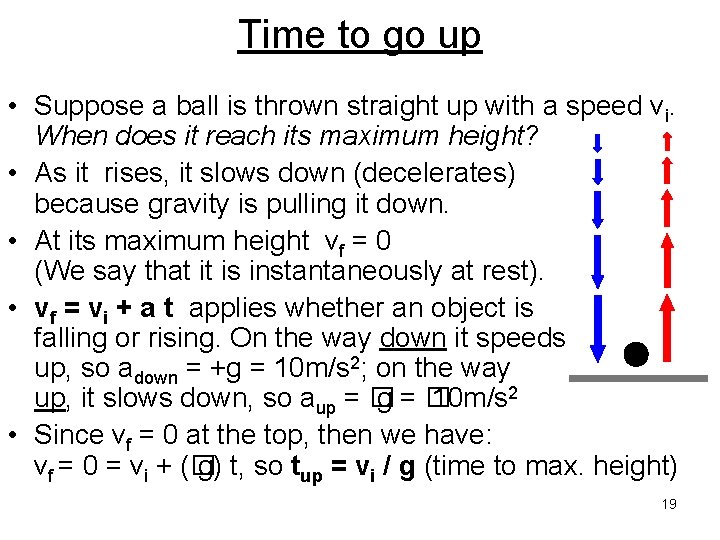 Time to go up • Suppose a ball is thrown straight up with a