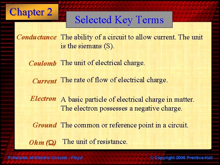 Chapter 2 Selected Key Terms Conductance The ability of a circuit to allow current.