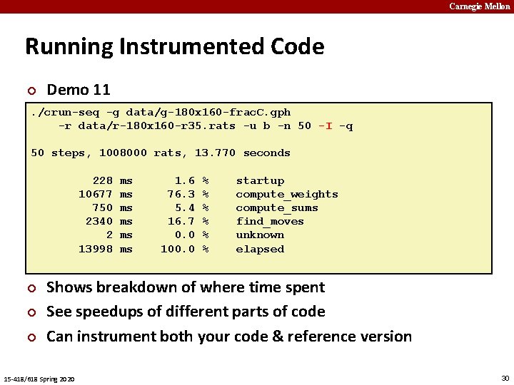 Carnegie Mellon Running Instrumented Code ¢ Demo 11 . /crun-seq -g data/g-180 x 160
