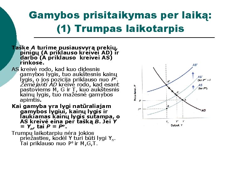 Gamybos prisitaikymas per laiką: (1) Trumpas laikotarpis Taške A turime pusiausvyrą prekių, pinigų (A