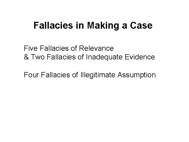 Fallacies in Making a Case Five Fallacies of Relevance & Two Fallacies of Inadequate
