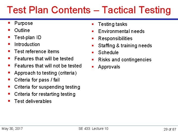 Test Plan Contents – Tactical Testing § § § Purpose Outline Test-plan ID Introduction