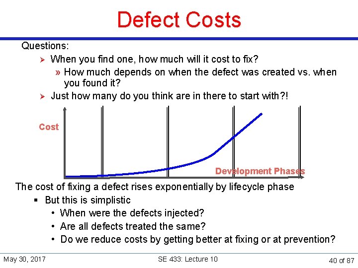 Defect Costs Questions: Ø When you find one, how much will it cost to