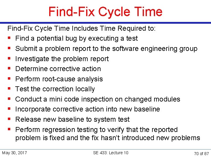 Find-Fix Cycle Time Includes Time Required to: § Find a potential bug by executing