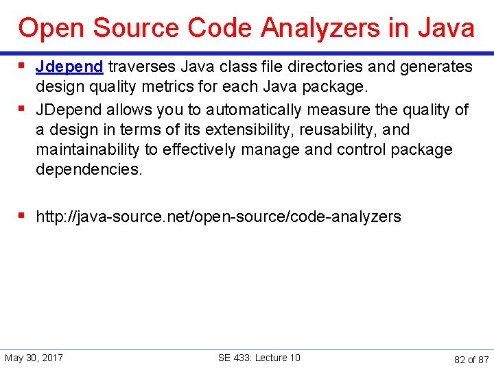 Open Source Code Analyzers in Java § Jdepend traverses Java class file directories and