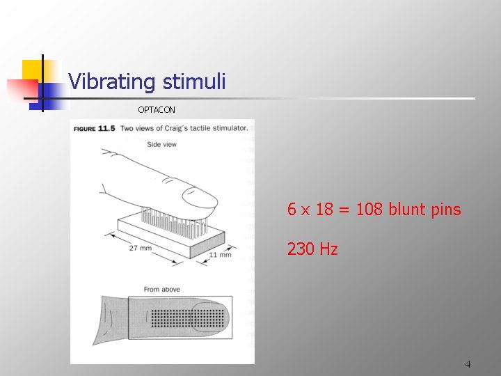 Vibrating stimuli OPTACON 6 x 18 = 108 blunt pins 230 Hz 4 