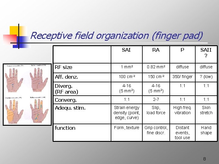 Receptive field organization (finger pad) SAI RA P SAII ? 1 mm 2 0.