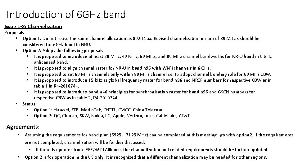 Introduction of 6 GHz band Issue 1 -2: Channelization Proposals • Option 1: Do