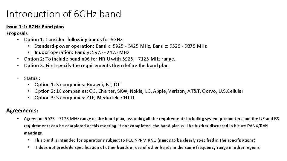 Introduction of 6 GHz band Issue 1 -1: 6 GHz Band plan Proposals •