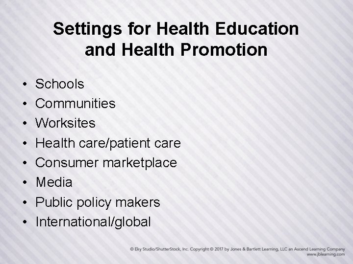 Settings for Health Education and Health Promotion • • Schools Communities Worksites Health care/patient