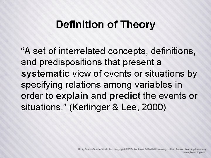 Definition of Theory “A set of interrelated concepts, definitions, and predispositions that present a