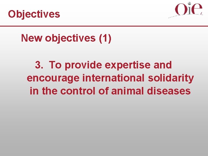 Objectives New objectives (1) 3. To provide expertise and encourage international solidarity in the